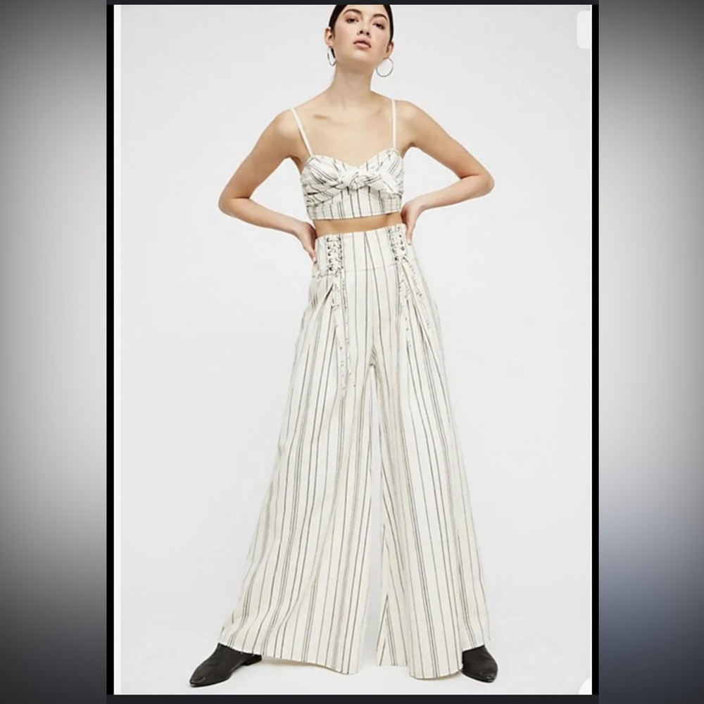 Free People Cream Striped Wide-Leg Pants